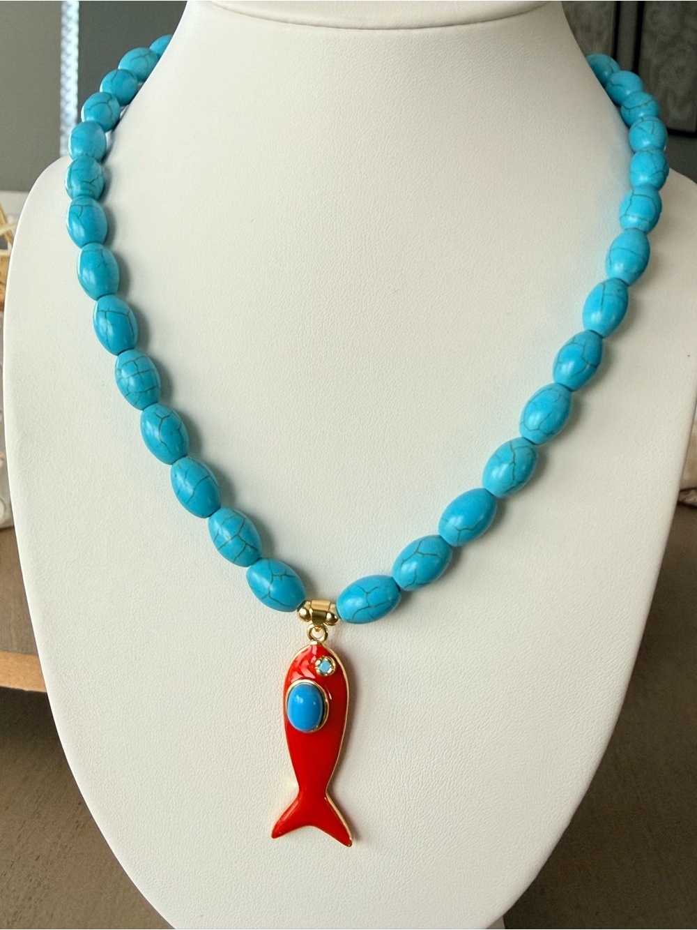 Turquoise Beaded Necklace with Red Fish Pendant